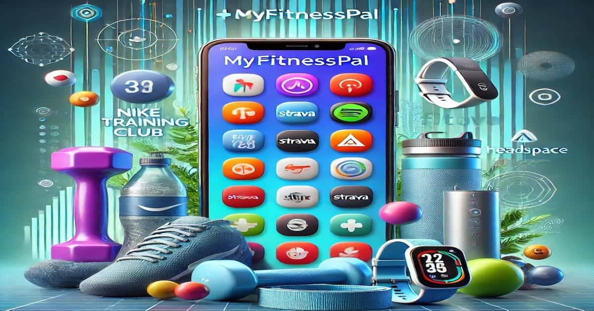 A collage of popular fitness app icons displayed on a smartphone, representing tools for health tracking and motivation.